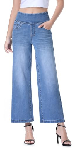 Chasehot Vaqueros Mujer Elásticos, Tiro Alto con Control de Vientre, Pantalones Anchos de Pierna Recta Crop Elegantes, Azul Medio-L