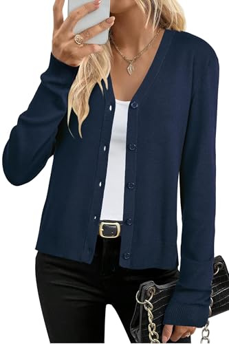 Arach&Cloz Womens 2026 Cardigan Sweaters Spring Summer Fashion Soft Wool Knit Long Sleeve Business Casual Outfits Work Trendy Cashmere Cardigans Lightweight Button Down Dressy Tops Navy M