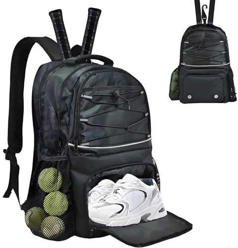 AUMTISC Tennisrucksack mit Schuhfach, Tennistasche mit 2 Schlägern für Damen und Herren, Pickleball-Paddeltaschen, Rucksäcke für Badminton, Squash große Kapazität multifunktionale Sporttasche (Black)