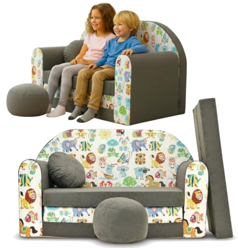 TUPPI Divano Bambini Trasformabile 168x98 cm - Divanetto per Bambini Pieghevole con Funzione Letto - Per Cameretta - Morbido Velluto - Set 4 Pezzi incl. Cuscino e Pouf