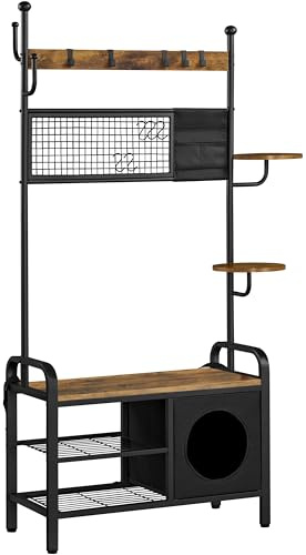 Yaheetech Coat Stand, Coat Rack & Shoe Rack, Industrial Hall Tree, 10 Removable Hooks, Two-Tier Shoe Rack, Shoe Bench, Cat Bed, Cat Tree, Ideal for Hallways & Living Areas, Rustic Brown