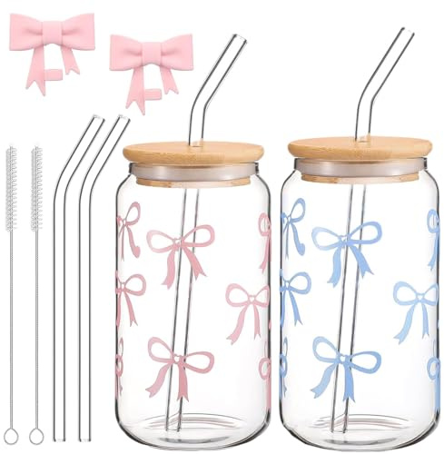 Cnwinu Rosettglas koppar med lock och sugrör set, 2 st 500 ml iskaffekoppar med rengöringsborstar, klar söt återanvändbar matcha-kopp dricksglas kopp för te, kaffe, juice, cocktail (rosa och blå