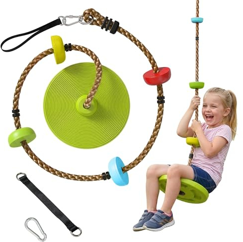 AIYAPLAY Cuerda de escalada, columpio con árbol, columpio para niños, con plataforma, columpio de disco, para exteriores, equipo para niños de 3 a 8 años, color verde