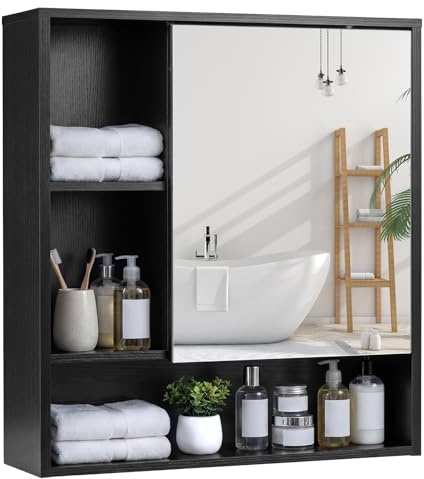 COSTWAY Bathroom Mirror Cabinet, Wall Mounted Storage Cupboard with Single Door and 3 Open Shelves, Wooden Bathroom Unit Wall Medicine Cabinet for Living Room, Kitchen, Hallway (Black, 56x16x61cm)