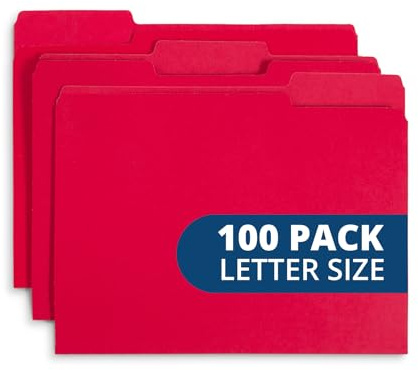 File Folder, 1/3 Cut Tab, Letter Size, Red, Great for Organizing and Easy File Storage, 100 Per Box