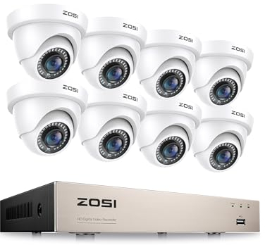 ZOSI Kit Caméra de Surveillance 8CH 5MP Lite DVR avec 8 Caméra de Surveillance Extérieure IP66 2MP, App Gratuite pour l'Accès à Distance, 24 m Vision Nocturne