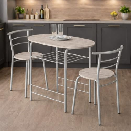 spot on dealz® Dining Table and Chairs Set 2 Seater Kitchen Dinning Room Space Saving Dining Set Tables Small Dinner Table Set Indoor Space Saver Metal Frame MDF Wood Top Oak