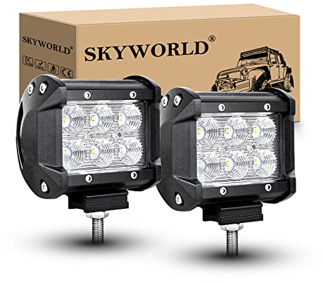 SKYWORLD 2 Pcs 4 inch 18W LED Work Light Bar, Flood Beam 12V 24V Driving Lights Fog Lamp Waterproof LED Pods for 4x4 Offroad Car Truck Tractor SUV ATV Excavator Boat, 6000K White