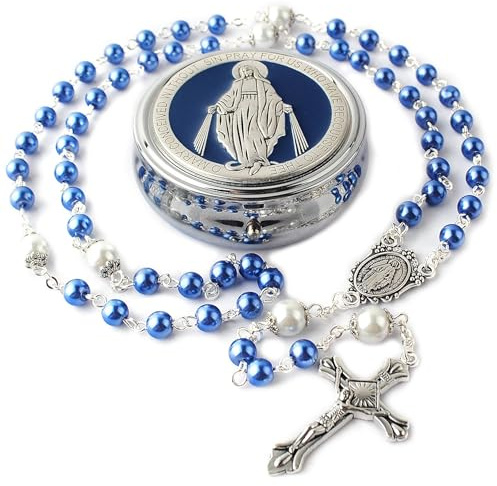 HanlinCC 6mm Glass Pearl Beads with 8mm Our Father Beads with Caps Rosary Necklace Pack in Miraculous Metal Gift Box (Blue Rosary with Miraculous Gift Box)