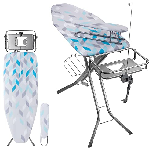 KADAX Asse da Stiro a Vapore Pieghevole con Altezza Regolabile, Supporto per Ferro con Caldaia, Presa Elettrica e Stiramaniche (Blu, 130 x 48 cm)