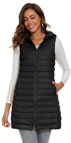 FlyGulls Long Puffer Vest with Hood Lightweight Down Vest Women Sleeveless Puffer Jacket Zipper
