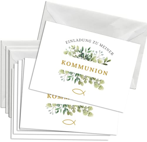 Briefzauber 12x Kommunion Einladungskarten mit 12x Umschlägen | Set aus Din A6 Kommunionseinladungen mit Einfüllhilfe | Verfügbar für verschiedene Anlässe | Motiv: Kommunion - Blumig
