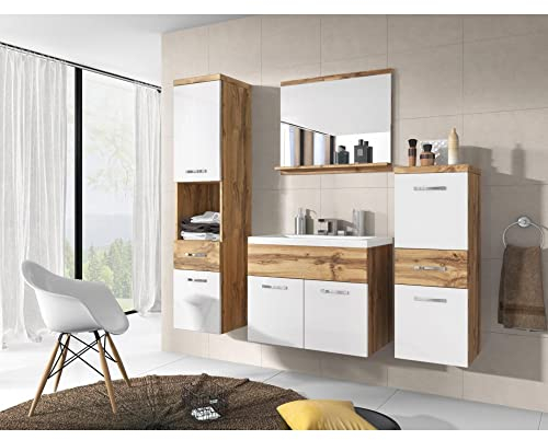 MINIO go for it - 4-Teilig Badmöbel Set Alo, 1x Badezimmer Spiegel mit Ablage, 1x Waschtisch Mit Unterschrank, 2X Badezimmerschrank - Laminierte Spannplatte, Wotan Eiche und Weiß Hochglanz