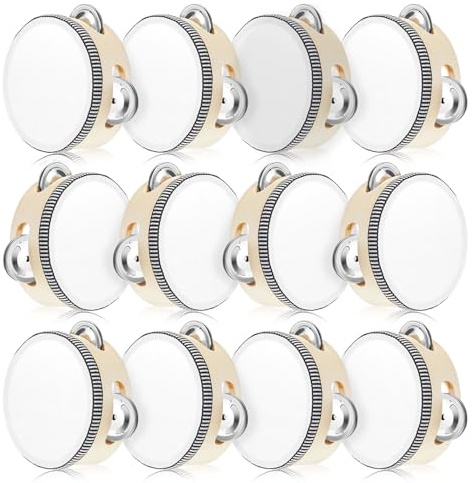Lukmaa 12 Pcs Tambourine Drum Bulk for Adults Hand Held Percussion Gift Operation Christmas Bulk Items Wood Metal Jingles Musical Educational Drum Instrument for Church Wedding Party Games(White)