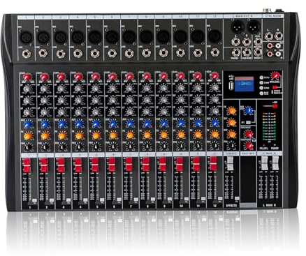 Professionelle 12-Kanal-Studio-Audio-Mixer, Stereo Sound Mischkonsole, Mischpult mit USB Bluetooth mit LCD-Anzeige für Recording DJ Stage Karaoke Bars Live-Streaming, 48V Phantom Power