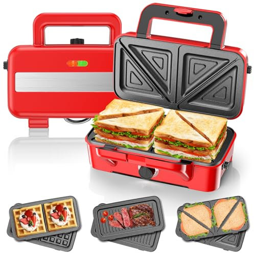 Appareil Croque Monsieur 3 en 1, Gaufrier 1200W avec Contrôle de Température à 5 Vitesses, Machine à Sandwich avec 3 Plaques Antiadhésives pour Sandwich, Gaufres, Viande, Lumières LED, Rouge