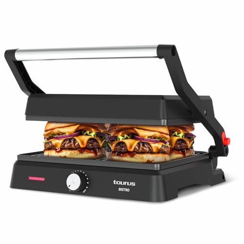 Taurus - Grill Bistro 2600W | 2 en 1: Grill y Plancha | Placas de 29x23 cm | Placa Basculante y Apertura 180º | Revestimiento Antiadherente sin PFOA | Bandeja Recogegrasas | Termostato Regulable