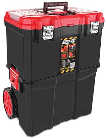 Tool Lab Mobile Rolling Tool Box 2 Tier Stacking Pull Along Handle With Metal Latches, Rubbed Wheels For Home Red