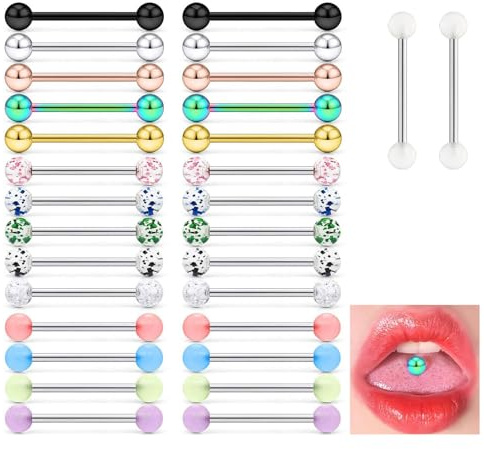 LINGJIA 30 Pezzi 14mm Piercing Lingua in Acciaio Chirurgico, Capezzolo, Colorato Kit Unisex All'asta