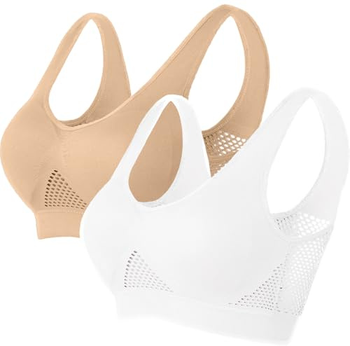 Memoryee Sujetadores Deportivos con Almohadilla para Mujer Impacto Medio Talla Plus para Pechos Grandes Push Up Sin Costuras Transpirable para Yoga Correr Top Corto Blanco+Beige 5XL