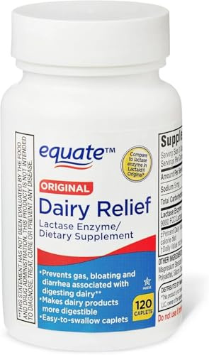 Dairy Relief Caplets, Original, Lactase Enzyme, 120 Pills by Equate (Pack of 1) + Sticker