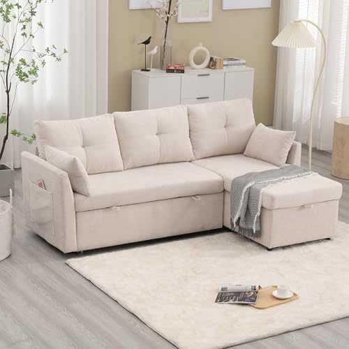 Seyakany Canapé d'angle Convertible avec sièges de Rangement,canapé lit avec Chaise réversible,canapé Convertible 3 Places,Chenille,Beige