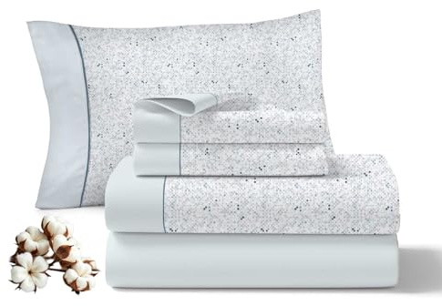 Viuda de Tolra | Juego de Sábanas 3 Piezas Aqua para Primavera/Verano 100% Algodón para Cama 150 cm | Incluye Sábana Encimera, Bajera Ajustable y Funda Almohada | Modelo Encanto