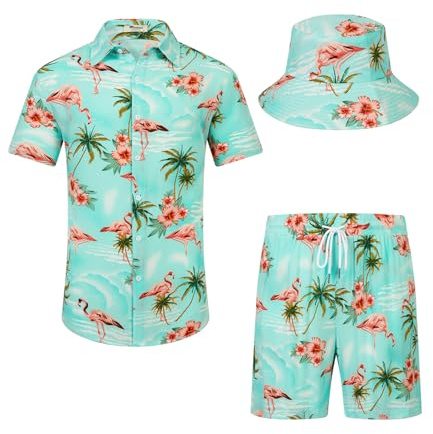 SPKPKEY Hawaii-skjortor och shorts för män, 2-pack, fritidsskjorta med knappar, sommarstrandkläder med klockhatt, Ljusgrön flamingo, L