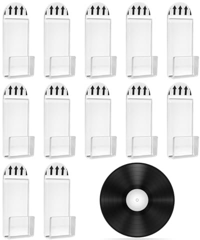 12 Pcs Vinyl Wall Mount,Self-Adhesive Vinyl Record Display,Clear Acrylic Music Album Cover Holder Wall Display,for Cd Card Shelf Comic Book Storage and Magazine Collection Home Office Decoration