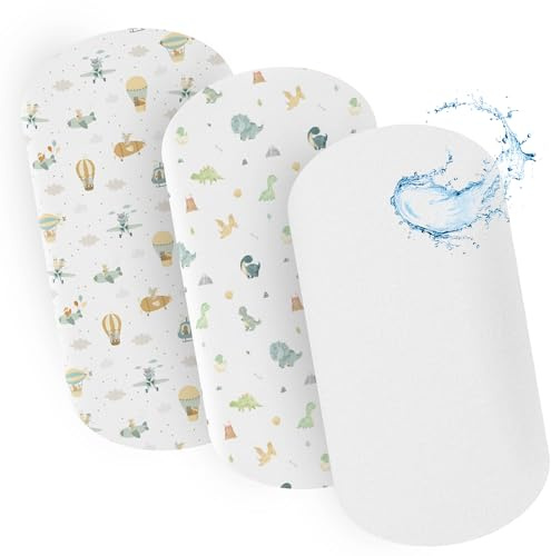 Juego de 3 Sábanas Ajustables para Minicuna 35x75 cm 2 Sábanas de Algodón Orgánico + 1 Protector Impermeable Suaves, Transpirables y Reutilizables para Bebé (Dino/Globos)