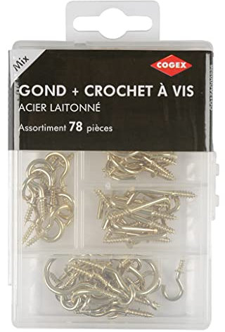 COGEX - Assortiment de Crochets et Gonds à Vis en Acier Laitonné - 78 Pièces - Pour Accrocher et Fixer