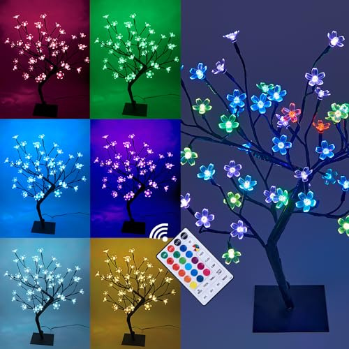 LIGHTSHARE 18 Inch Cherry Blossom Bonsai Tree, 48 LED Lights, RGB with Remote Control, 16 Color-Changing Modes, 24V UL Listed Adapter Included, Metal Base Ideal As Night Lights