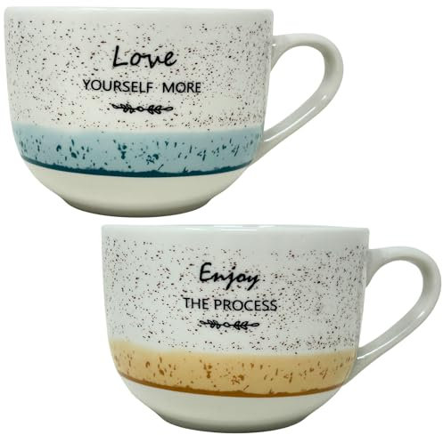 NAMAI - Set di 2 Tazze Colazione Grande, 450 ML, 11CM Diametro x 8,5 CM Altezza, Porcellana Resistente, Adatte in Lavastoviglie e Microonde, Colori Vivaci, Idea Regalo (Tazze Granuli Ocra + Azzurro)