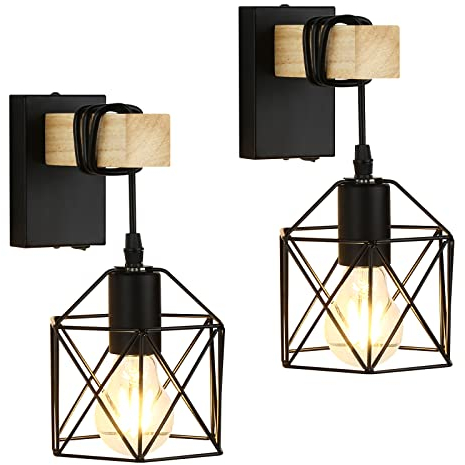 Lightess Black Wall Lights Industrial Wall Light with On Off Switch E27 Indoor Wall Lamp Retro Wall Sconce Vintage Cage Wall Light for Bedroom Living Room, Hallway, Stairs (2 Pack)