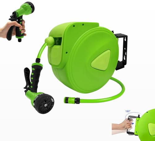 UISEBRT Carrete de manguera de 30 + 2 m, caja de manguera giratoria de 180°, con soporte de pared, tambor de manguera de agua automático para jardín, riego, lavado de coche