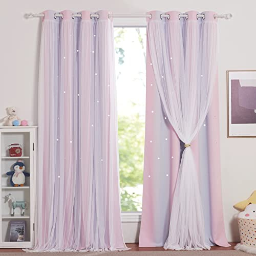 NICETOWN Barngardin - mörkläggningsgardin för barn med perforerade stjärnor, ljusblockerande med vit slöja, dekorativa, B 132 x L 213 cm, rosa + lila, 2 paneler