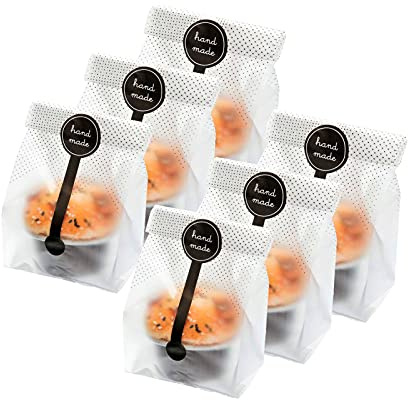400Pcs Translucent Plastic Bags, BetterJonny 200pcs Cellophane Bags with 200 Pcs Hand Made Stickers for Cookie Cake Chocolate Candy Bakery Part
