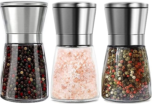 3 Pezzi Macina Sale Pepe, Saliera e Pepiera Manuale in Vetro e Acciaio Inox Macinapepe, Macinasale e Pepe Dimensioni Regolabili Dei Grani per Sale Marino Grosso, Pepe in Grani, 180ML