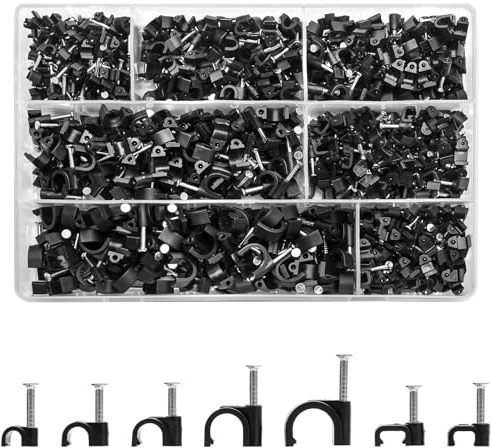KOXXIAMOQ 700 Round/Flat Cable Clips Black, Cable Wire Nail Clips, Electrical Wall Pins Clip with Steel Nail Tacks, Cables Tidy Clip for Ethernet, 4mm 5mm 6mm 8mm 10mm