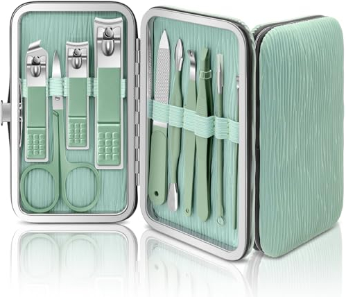 BLESWIN Kit Manicure Professionale 10 Pezzi, Set Manicure da Viaggio, Set Manicure da Borsetta Donna Uomini, Kit Pedicure e Manicure per Signore in Valigetta in Pelle Verde Set Regalo Cura Unghie