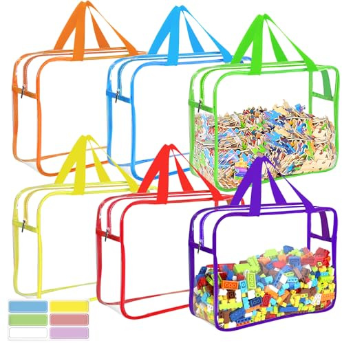 6 Packs Large Toy Storage Bags with Labels, Reusable Clear PVC Board Game Storage, Travel Waterproof Organizer Bags with Zipper for Building Blocks, Puzzle, Kids Books（6 Colors）