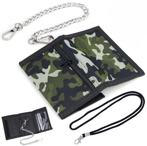BANTI Geldbeutel Portmonee Kinder Geldbörse Jungen Slim Portemonnaie mit Kette Clip Reißverschluss Faltbare Dreifache Wallet Geldtasche Kleingeld für Herren Teenager Jungen Tarngrün