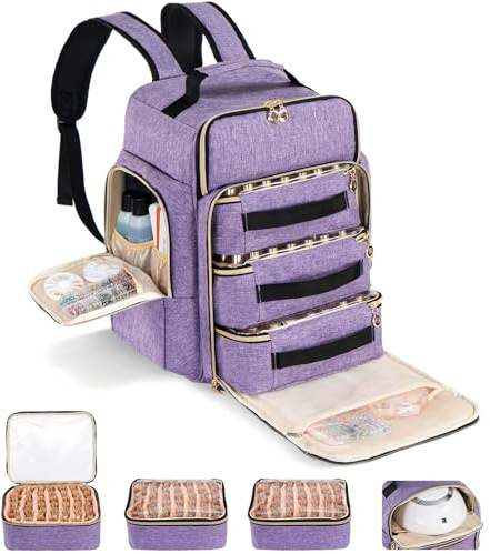 Hautton Nail Polish Organizer Holds 126 Bottles & Lamp, Extra Large Nail Kit Supplies Storage Bag with 3 Individual Drawers, Portable Organizers Travel Case for Manicurist -Purple