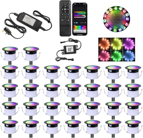 GEYUEYA Home LED Decking Lights WiFi Deck Light RGBW+IC Waterproof IP67 Music Sync Ø31MM 12V Decking Patio Lighting Plinth Lights for Patio/Terrace/Decoration - 30 Pack