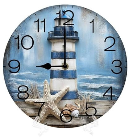 Geroclonup Sign Ocean Lighthouse Starfish 25 cm Orologio da parete rotondo silenzioso senza ticchettio Orologio da parete al quarzo analogico a batteria per camera da letto bagno cucina bambini