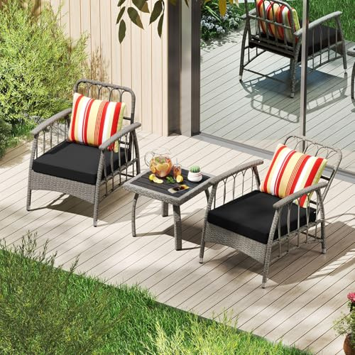 GIANTEX Juego de Muebles de Jardín 3 Piezas, 2 Sillones con Cojines y 1 Mesa de Centro, Aspecto de Ratán, Respaldo Ajustable en 4 Niveles, Conjunto de Muebles para Patio, Balcón
