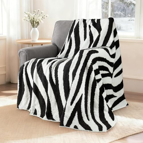 Exclusivo Mezcla Manta de Cuadros, Suave y Ligera, Reversible para Sofá y Cama, Todas Las Estaciones, 130 x 150 cm, Motivo Cebra