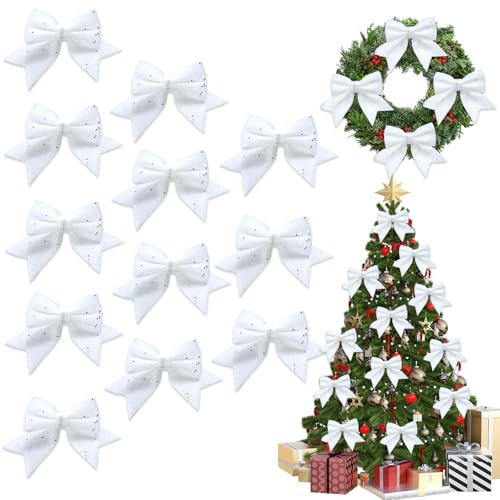 XDGBGFN 12 Stück Glitzer Weihnachtsbaumschleifen 12 * 15 cm Weihnachtsbaum Bogen Schleife Weihnachten Schleifen für Weihnachtsbaum(Weiß)