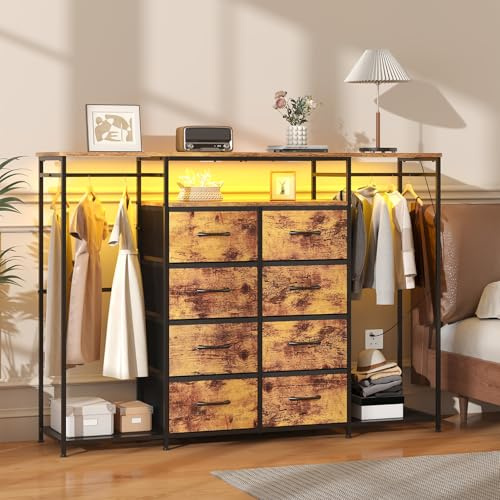 Feonase 8-Drawer Dresser for Bedroom with Hanging Rack, LED Lights, Fabric Drawers, Metal Frame & Wooden Top, Heavy Duty Cloth Rack Closet Wardrobe with Drawers 150cm W x110cm H, Rustic Brown
