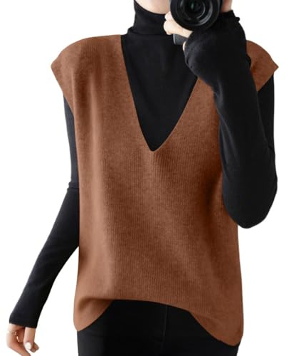shownicer Pull sans Manches Femme Chic Et Elegant Col en V Gilet en Tricot Décontracté Couleur Unie Débardeur A Marron M